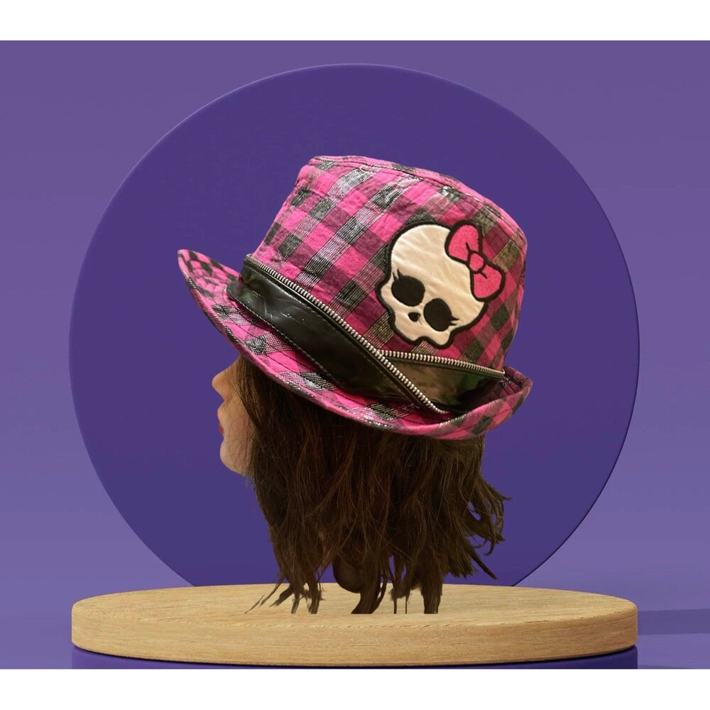 Monster High Pink Plaid Fedora Hat with Skull Bow